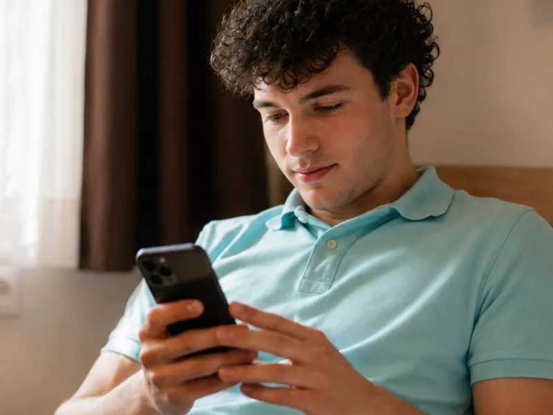 Student ist am Handy im Studentenapartment in Krems